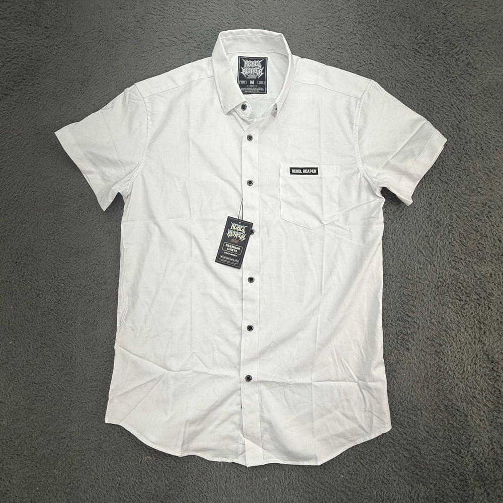 Rebel Reaper Button Down Shirt Mens M White Short Sleev Premium Biker Streetwear